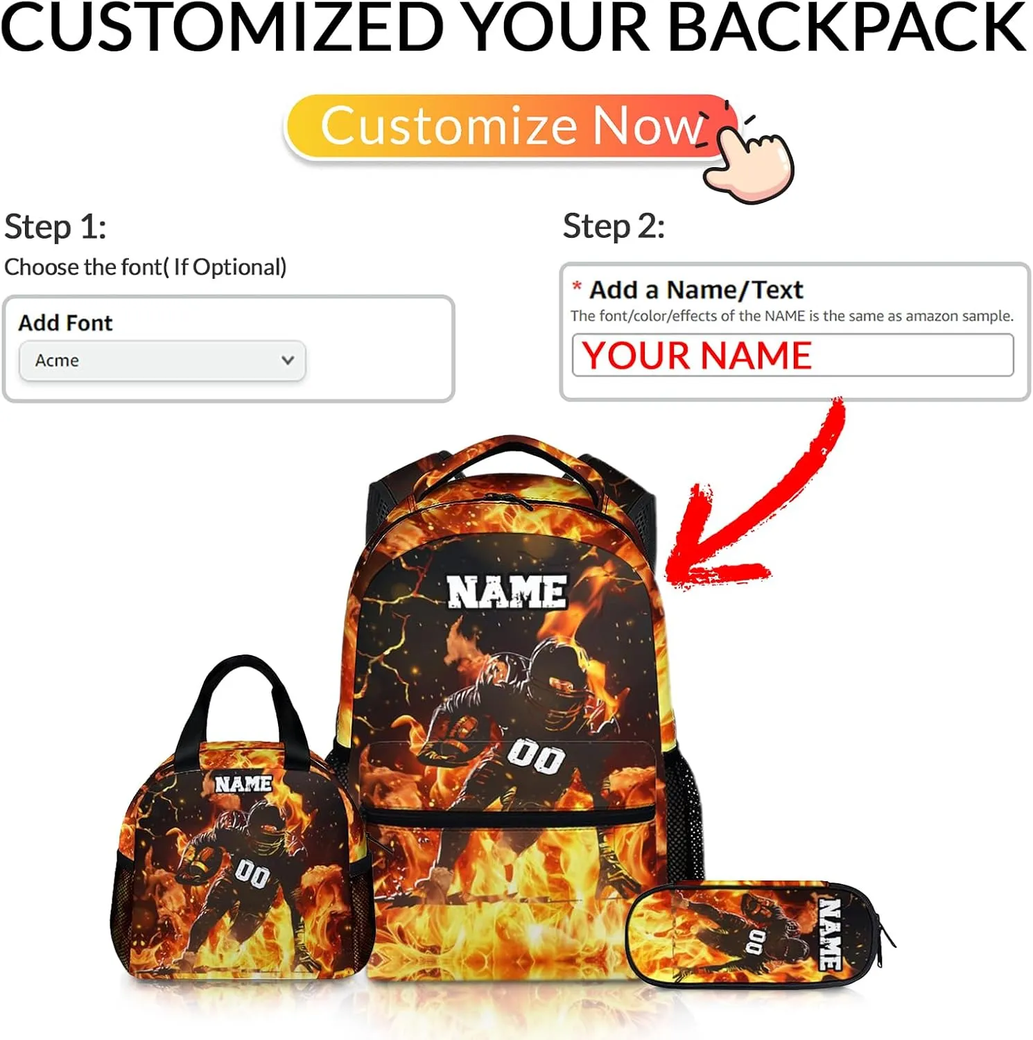 Boys Backpack for School, Personalized 3PCS Football Backpacks with Lunch Bag Pencil Case for Kids, Custom 17 Inches Cool Large Capacity Bookbag Bundle for Preschool Elementary