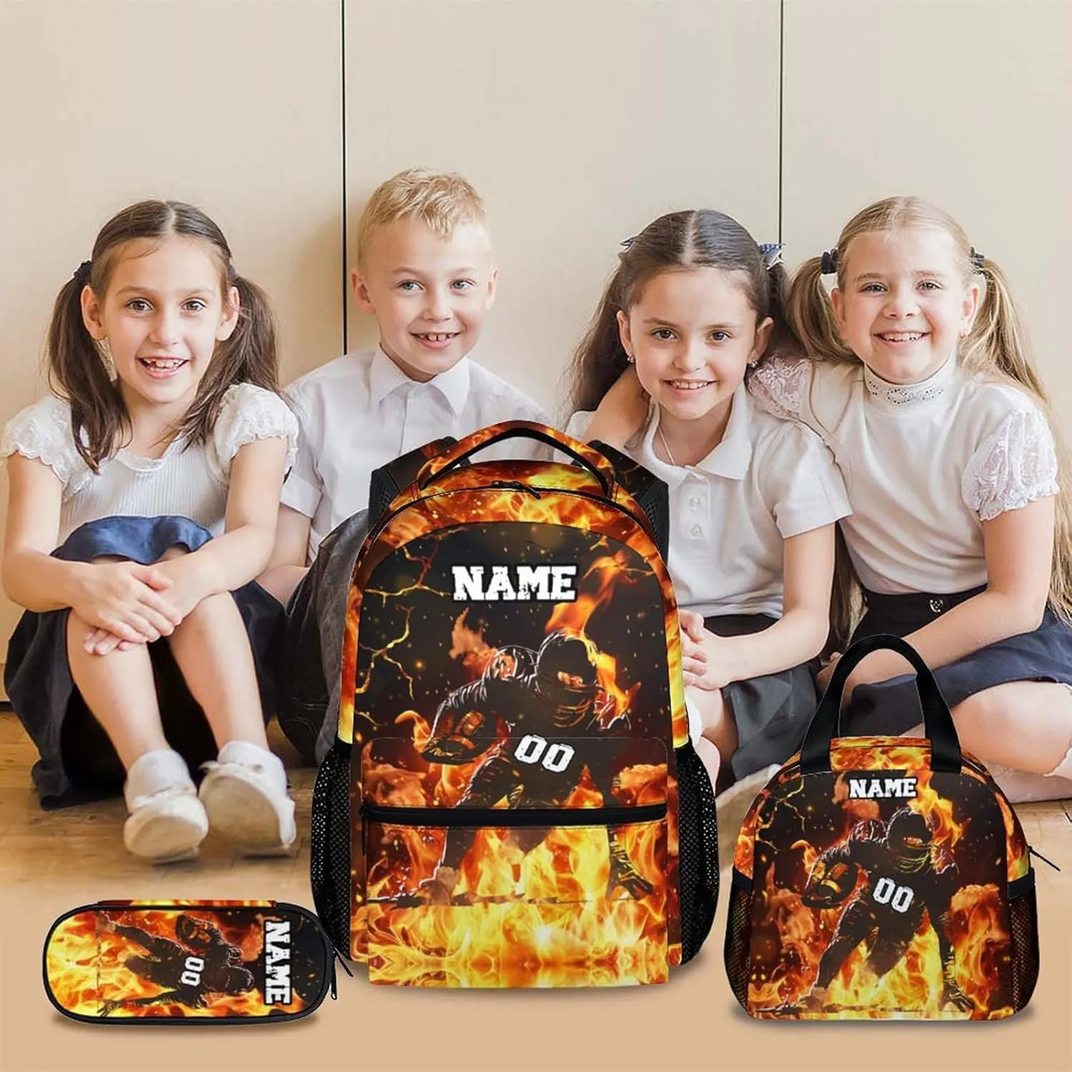 Boys Backpack for School, Personalized 3PCS Football Backpacks with Lunch Bag Pencil Case for Kids, Custom 17 Inches Cool Large Capacity Bookbag Bundle for Preschool Elementary