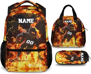 Boys Backpack for School, Personalized 3PCS Football Backpacks with Lunch Bag Pencil Case for Kids, Custom 17 Inches Cool Large Capacity Bookbag Bundle for Preschool Elementary