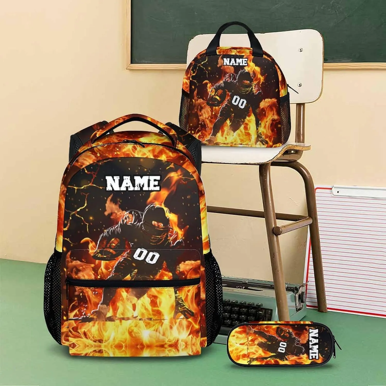 Boys Backpack for School, Personalized 3PCS Football Backpacks with Lunch Bag Pencil Case for Kids, Custom 17 Inches Cool Large Capacity Bookbag Bundle for Preschool Elementary