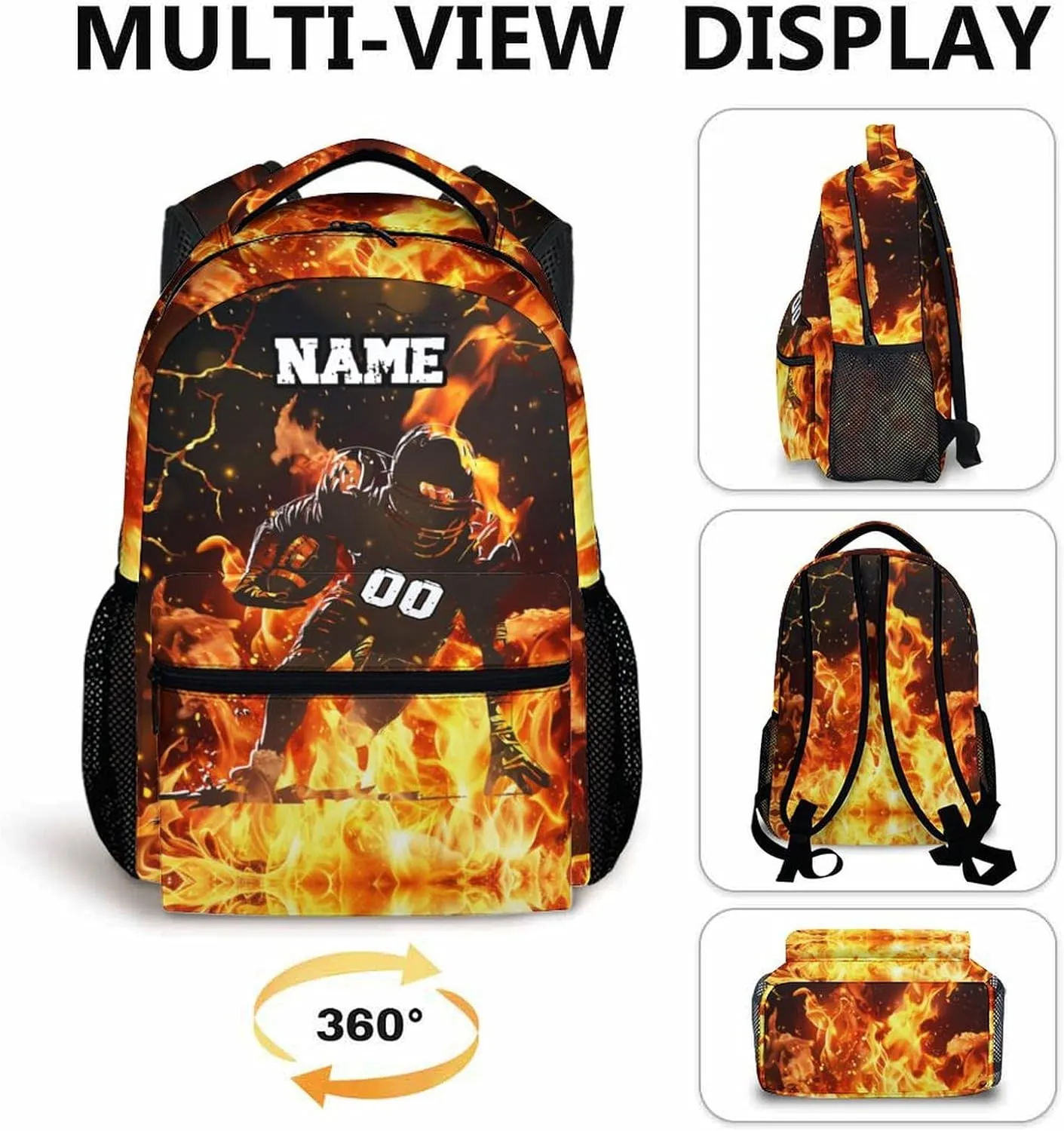 Boys Backpack for School, Personalized Football Backpacks for Kids Sports Lovers, 17 Inches Cool Large Capacity Bookbag for Primary Preschool, Custom Name Supplies for Students