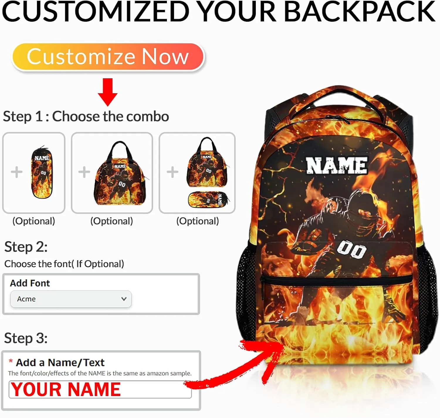 Boys Backpack for School, Personalized Football Backpacks for Kids Sports Lovers, 17 Inches Cool Large Capacity Bookbag for Primary Preschool, Custom Name Supplies for Students