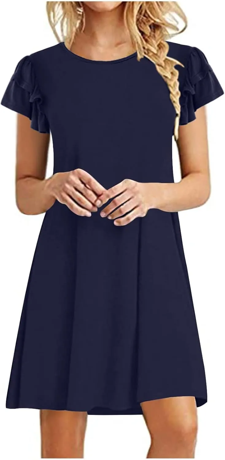 BZGTZT Women's 2023 Mini Dresses Summer Casual Ruffle Short Sleeve Cute Crew Neck Flowy T Shirt Dress with Pockets