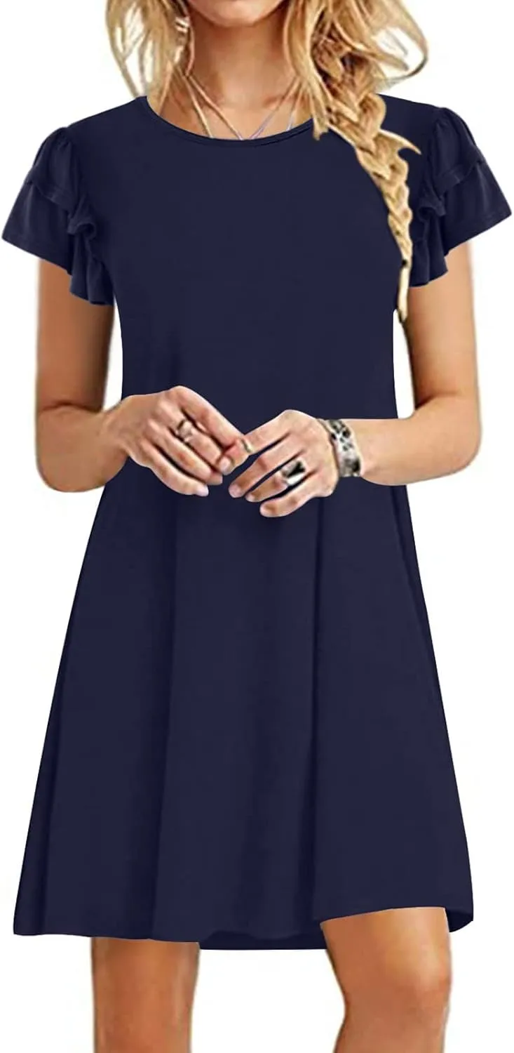 BZGTZT Women's 2023 Mini Dresses Summer Casual Ruffle Short Sleeve Cute Crew Neck Flowy T Shirt Dress with Pockets