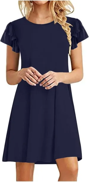 BZGTZT Women's 2023 Mini Dresses Summer Casual Ruffle Short Sleeve Cute Crew Neck Flowy T Shirt Dress with Pockets