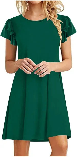 BZGTZT Women's 2023 Mini Dresses Summer Casual Ruffle Short Sleeve Cute Crew Neck Flowy T Shirt Dress with Pockets