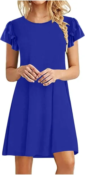 BZGTZT Women's 2023 Mini Dresses Summer Casual Ruffle Short Sleeve Cute Crew Neck Flowy T Shirt Dress with Pockets