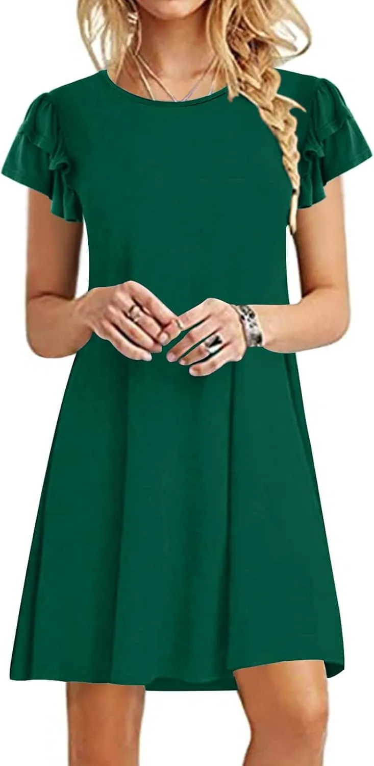 BZGTZT Women's 2023 Mini Dresses Summer Casual Ruffle Short Sleeve Cute Crew Neck Flowy T Shirt Dress with Pockets