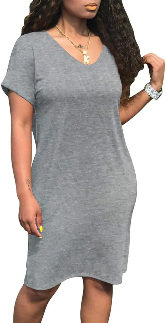 cailami Women's Summer V Neck Short Sleeve Midi Tshirt Dresses Casual Tunic Dress with Pockets
