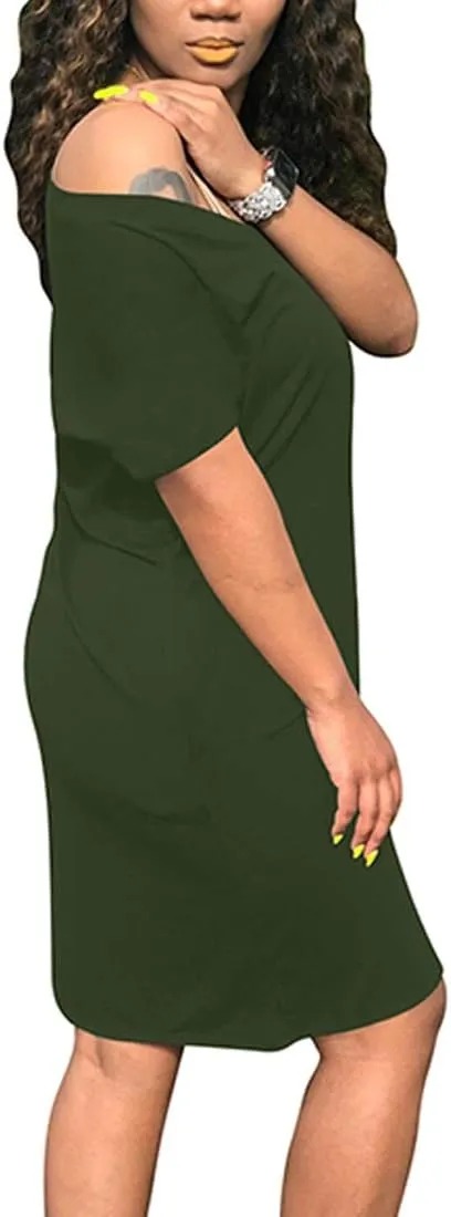 cailami Women's Summer V Neck Short Sleeve Midi Tshirt Dresses Casual Tunic Dress with Pockets