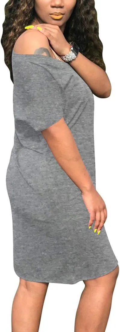 cailami Women's Summer V Neck Short Sleeve Midi Tshirt Dresses Casual Tunic Dress with Pockets