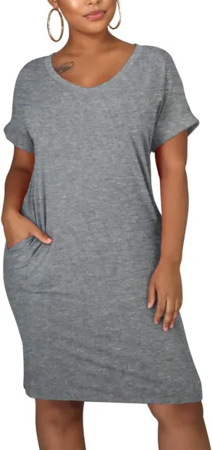 cailami Women's Summer V Neck Short Sleeve Midi Tshirt Dresses Casual Tunic Dress with Pockets