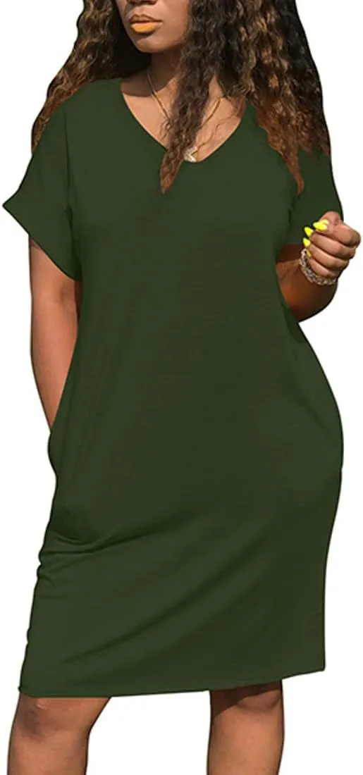 cailami Women's Summer V Neck Short Sleeve Midi Tshirt Dresses Casual Tunic Dress with Pockets