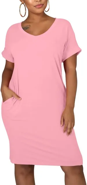 cailami Women's Summer V Neck Short Sleeve Midi Tshirt Dresses Casual Tunic Dress with Pockets