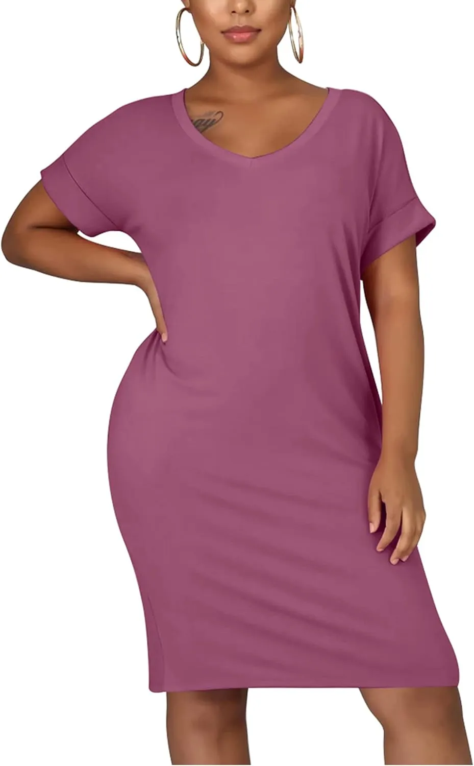 cailami Women's Summer V Neck Short Sleeve Midi Tshirt Dresses Casual Tunic Dress with Pockets