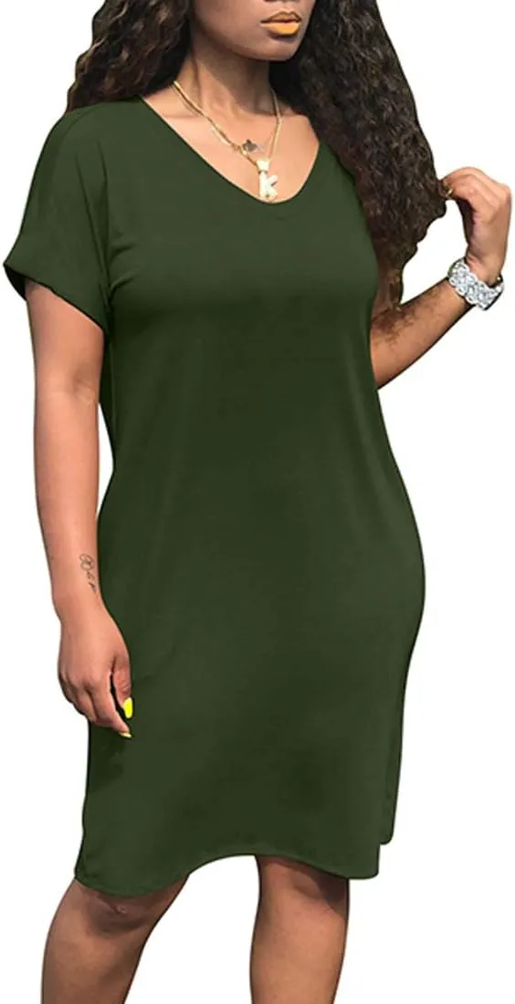 cailami Women's Summer V Neck Short Sleeve Midi Tshirt Dresses Casual Tunic Dress with Pockets