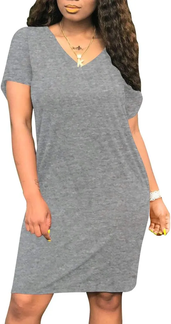 cailami Women's Summer V Neck Short Sleeve Midi Tshirt Dresses Casual Tunic Dress with Pockets
