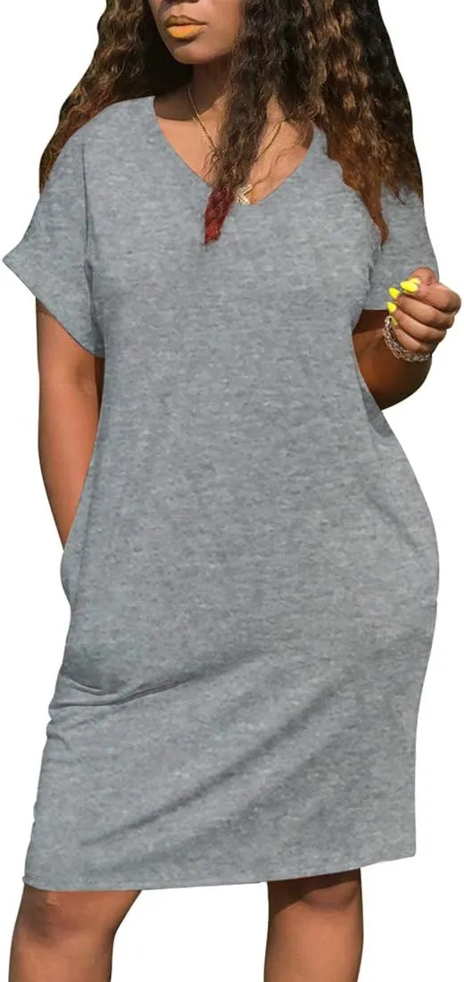 cailami Women's Summer V Neck Short Sleeve Midi Tshirt Dresses Casual Tunic Dress with Pockets