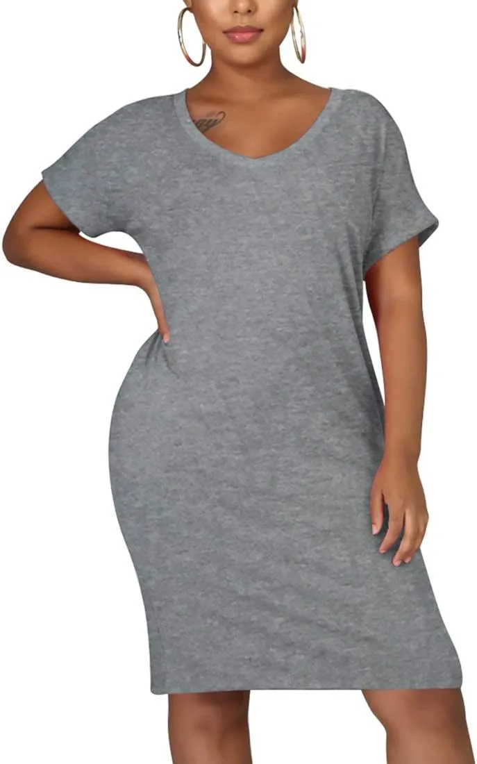 cailami Women's Summer V Neck Short Sleeve Midi Tshirt Dresses Casual Tunic Dress with Pockets