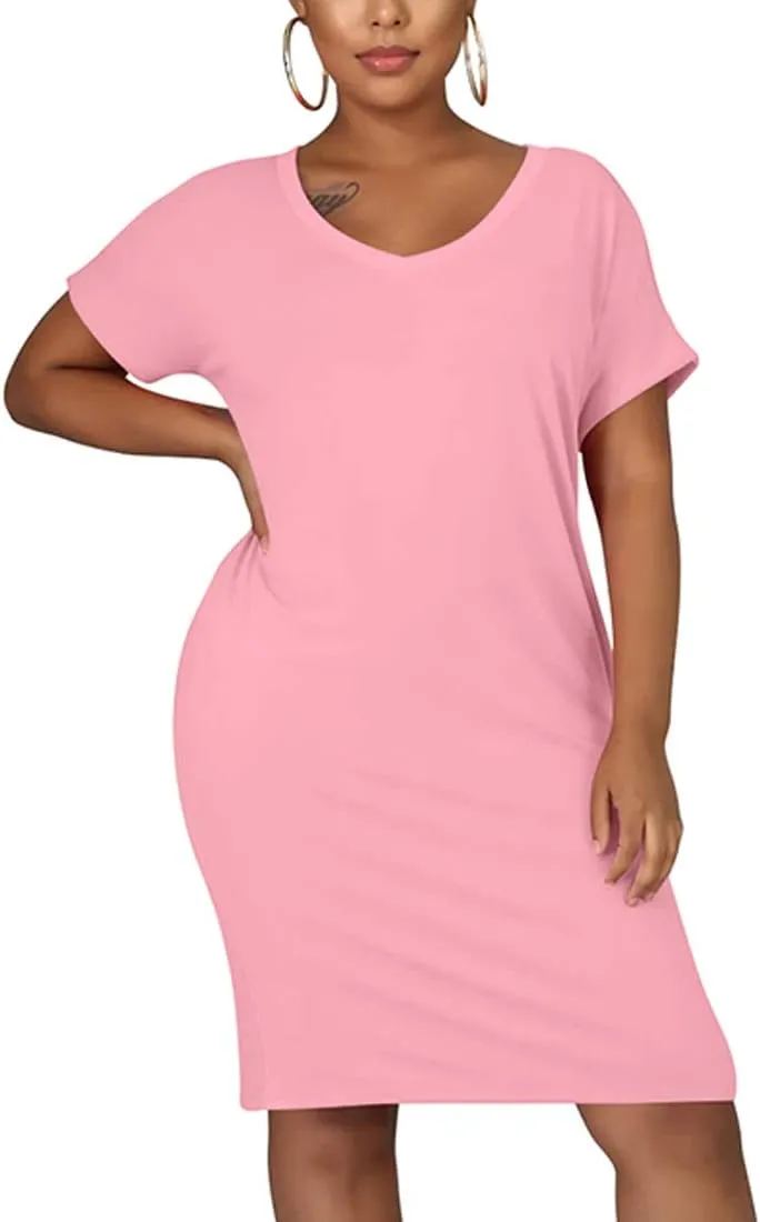 cailami Women's Summer V Neck Short Sleeve Midi Tshirt Dresses Casual Tunic Dress with Pockets