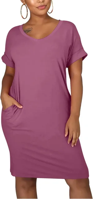 cailami Women's Summer V Neck Short Sleeve Midi Tshirt Dresses Casual Tunic Dress with Pockets