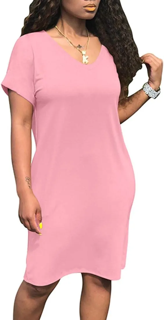 cailami Women's Summer V Neck Short Sleeve Midi Tshirt Dresses Casual Tunic Dress with Pockets