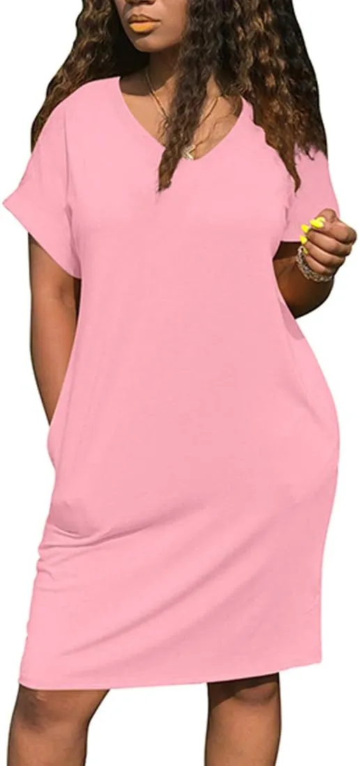 cailami Women's Summer V Neck Short Sleeve Midi Tshirt Dresses Casual Tunic Dress with Pockets