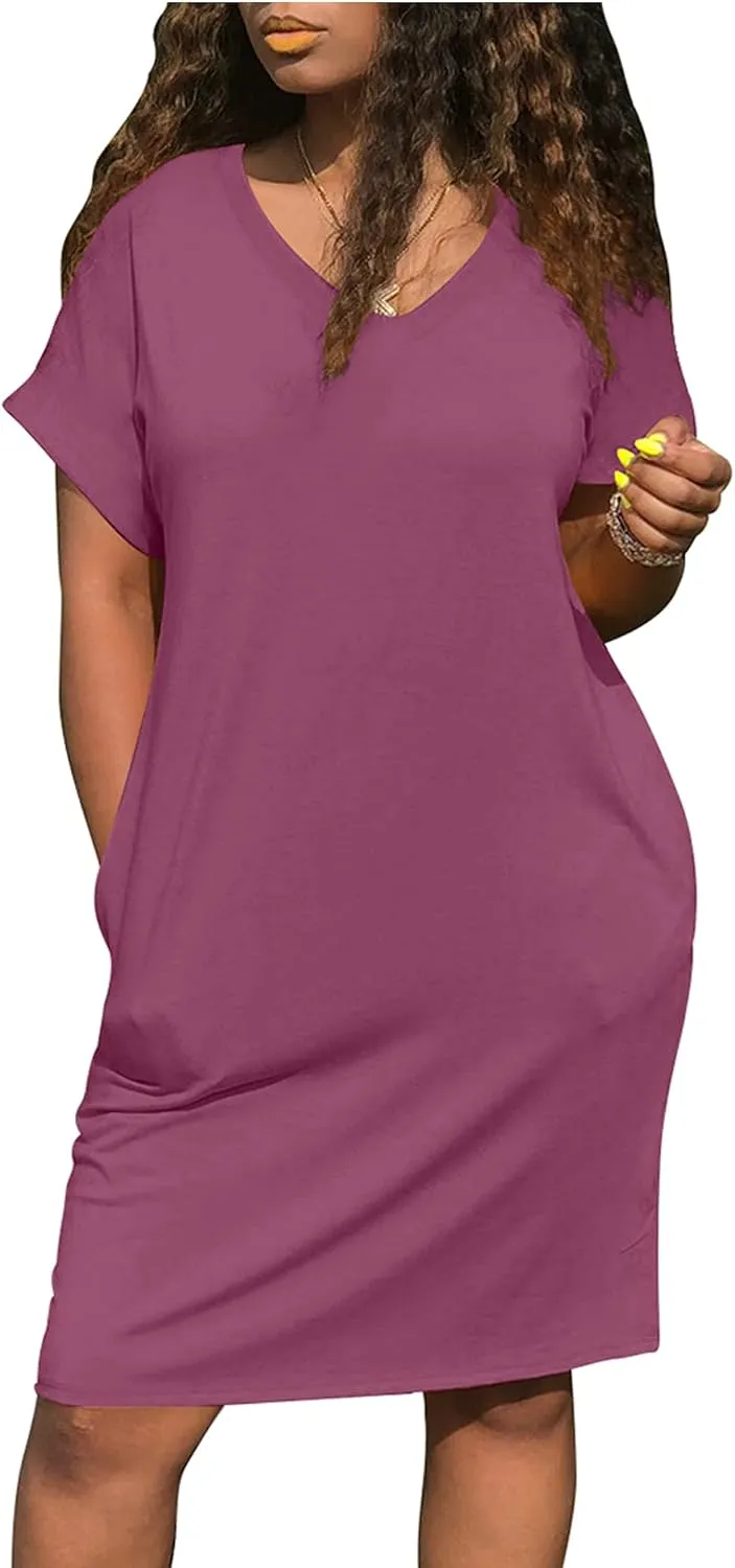 cailami Women's Summer V Neck Short Sleeve Midi Tshirt Dresses Casual Tunic Dress with Pockets