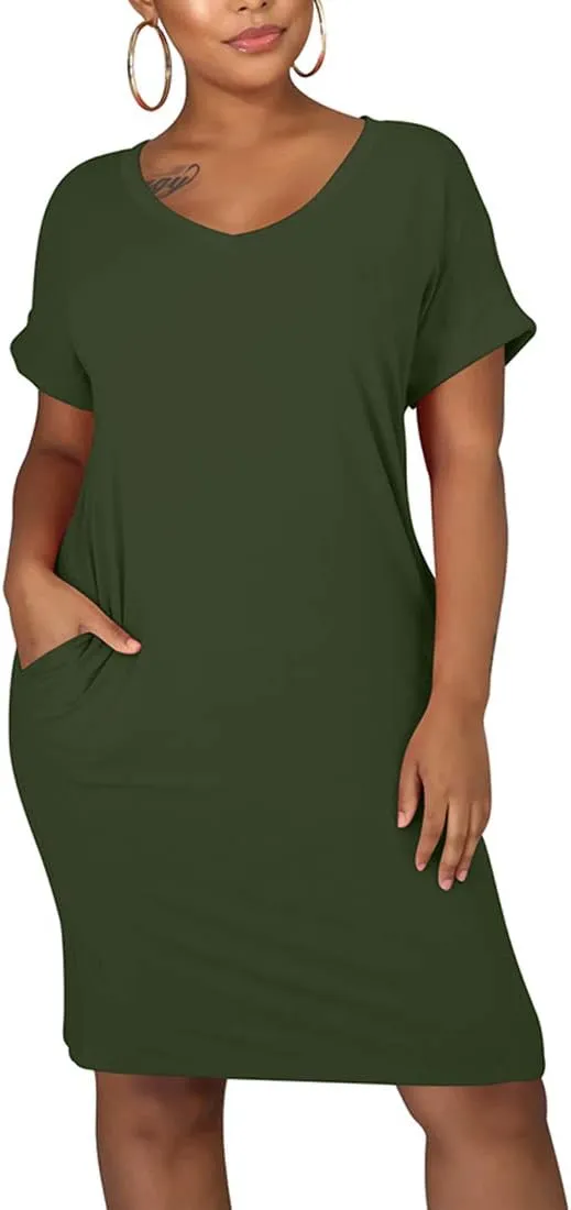 cailami Women's Summer V Neck Short Sleeve Midi Tshirt Dresses Casual Tunic Dress with Pockets