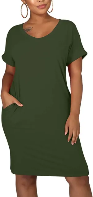 cailami Women's Summer V Neck Short Sleeve Midi Tshirt Dresses Casual Tunic Dress with Pockets