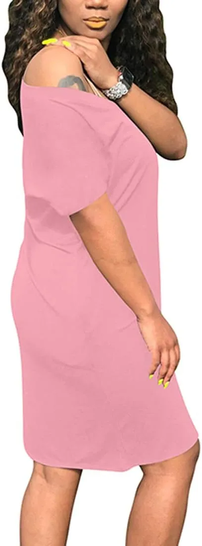 cailami Women's Summer V Neck Short Sleeve Midi Tshirt Dresses Casual Tunic Dress with Pockets