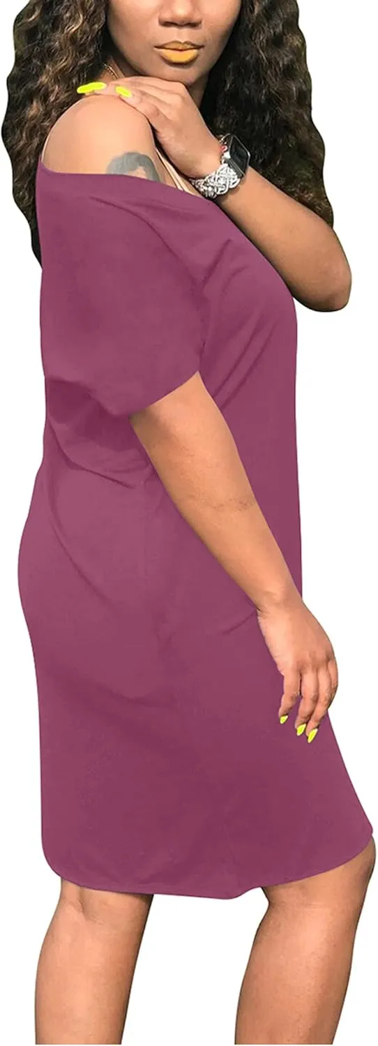 cailami Women's Summer V Neck Short Sleeve Midi Tshirt Dresses Casual Tunic Dress with Pockets
