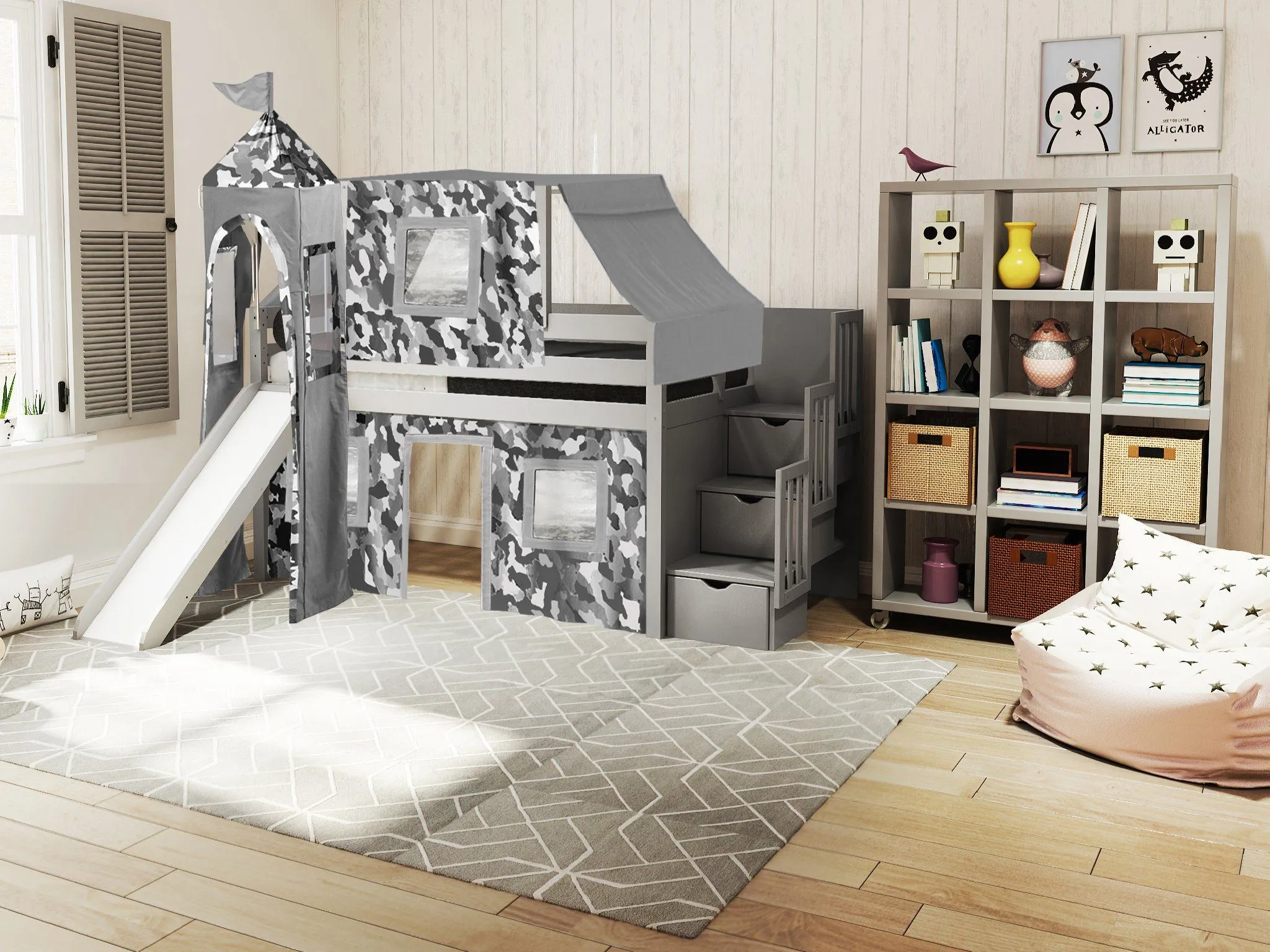 Castle Twin Loft Bed GRAY, Stairs Slide Gray Camo Tent