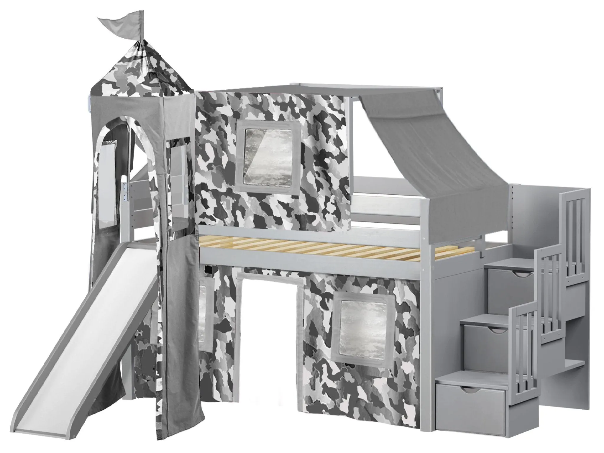 Castle Twin Loft Bed GRAY, Stairs Slide Gray Camo Tent