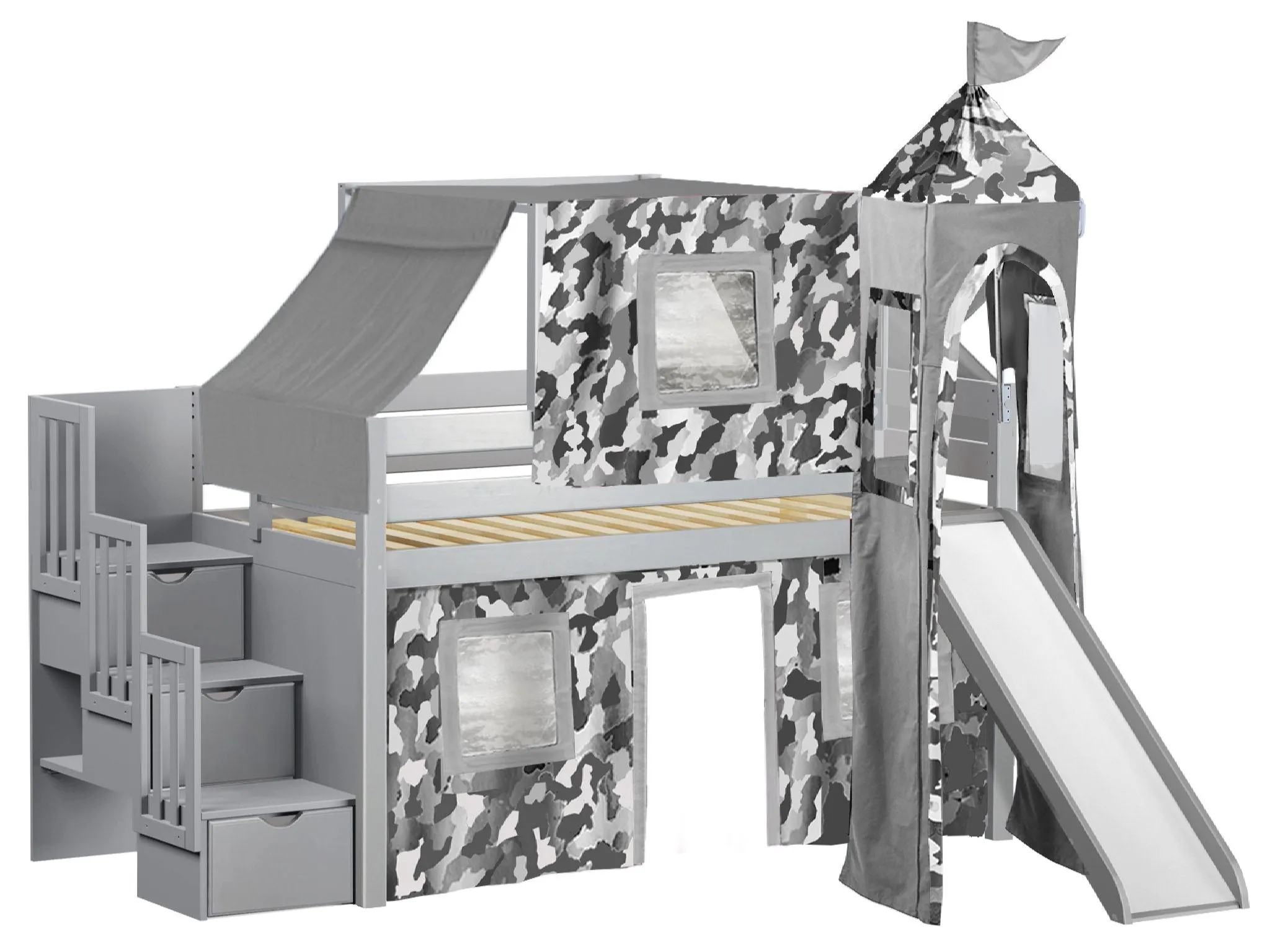 Castle Twin Loft Bed GRAY, Stairs Slide Gray Camo Tent