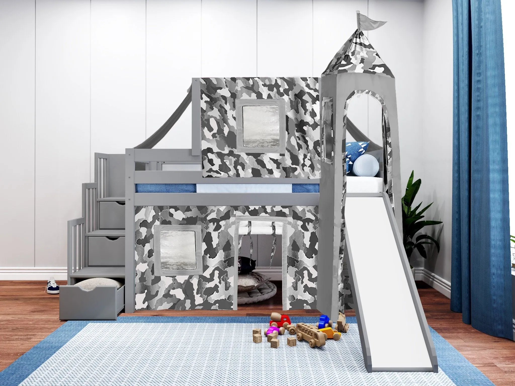 Castle Twin Loft Bed GRAY, Stairs Slide Gray Camo Tent