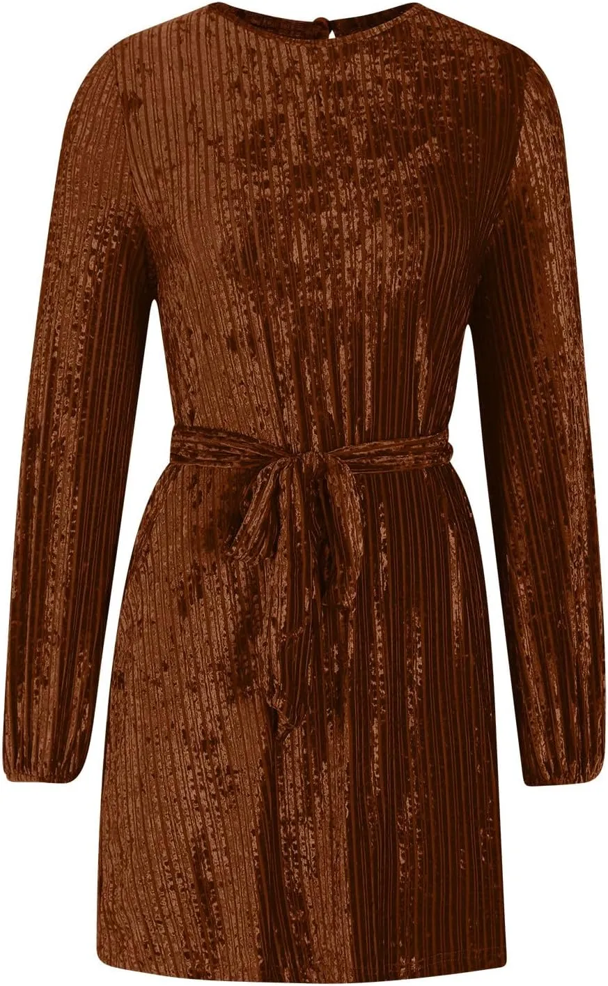 Casual Dresses for Women Womens Long Sleeve Dress Crew Neck Tie Waist A-Line Ruffle Swing Mini Dresses for Women
