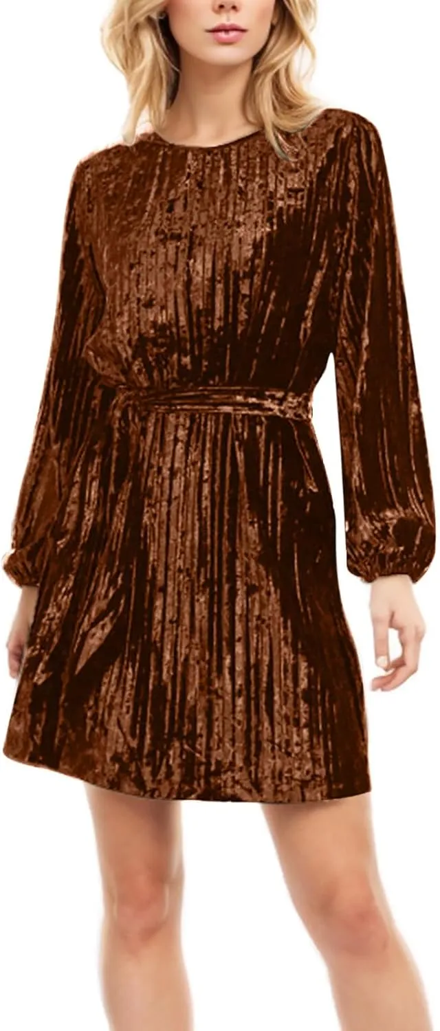 Casual Dresses for Women Womens Long Sleeve Dress Crew Neck Tie Waist A-Line Ruffle Swing Mini Dresses for Women
