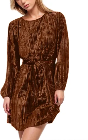 Casual Dresses for Women Womens Long Sleeve Dress Crew Neck Tie Waist A-Line Ruffle Swing Mini Dresses for Women