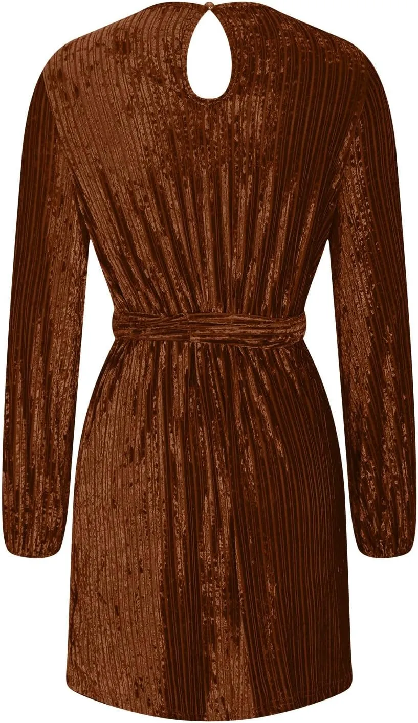 Casual Dresses for Women Womens Long Sleeve Dress Crew Neck Tie Waist A-Line Ruffle Swing Mini Dresses for Women
