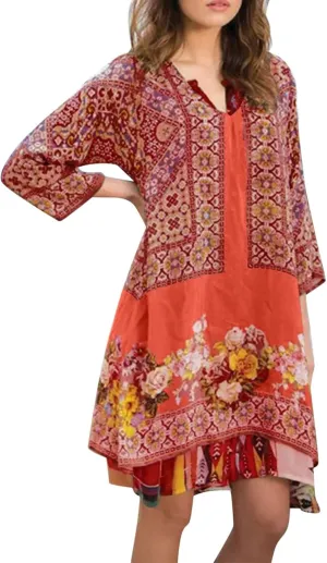 Casual Spring Summer Dresses for Women V-Neck 3/4 Long Sleeve Ruffle Floral Pattern Flowy Boho Mini Short Beach Dress Women's Tight (Color : Red, Size : Small)