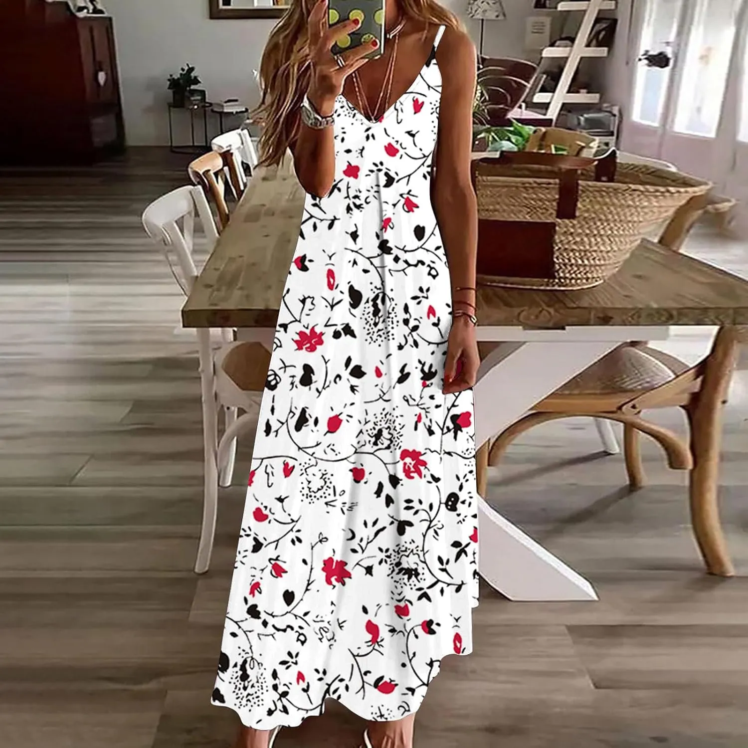 Ceboyel Maxi Sundresses for Women 2023 Marble Print Maxi Long Dress Spaghetti Strap Summer Dresses Trendy Beach Outfits