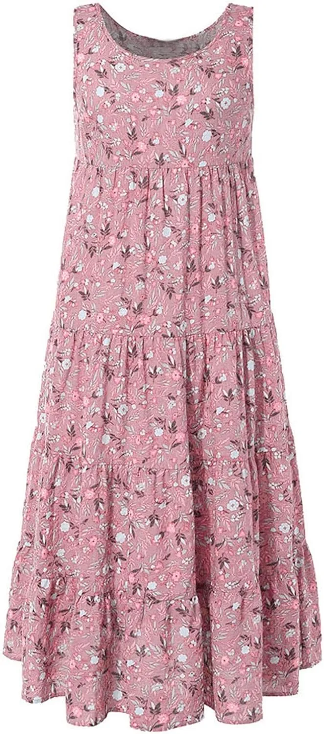 Ceboyel Women Boho Floral Maxi Dresses Flowy Tank Dress Sleeveless Smocked Sundresses Trendy Casual Beach Long Sun Dress