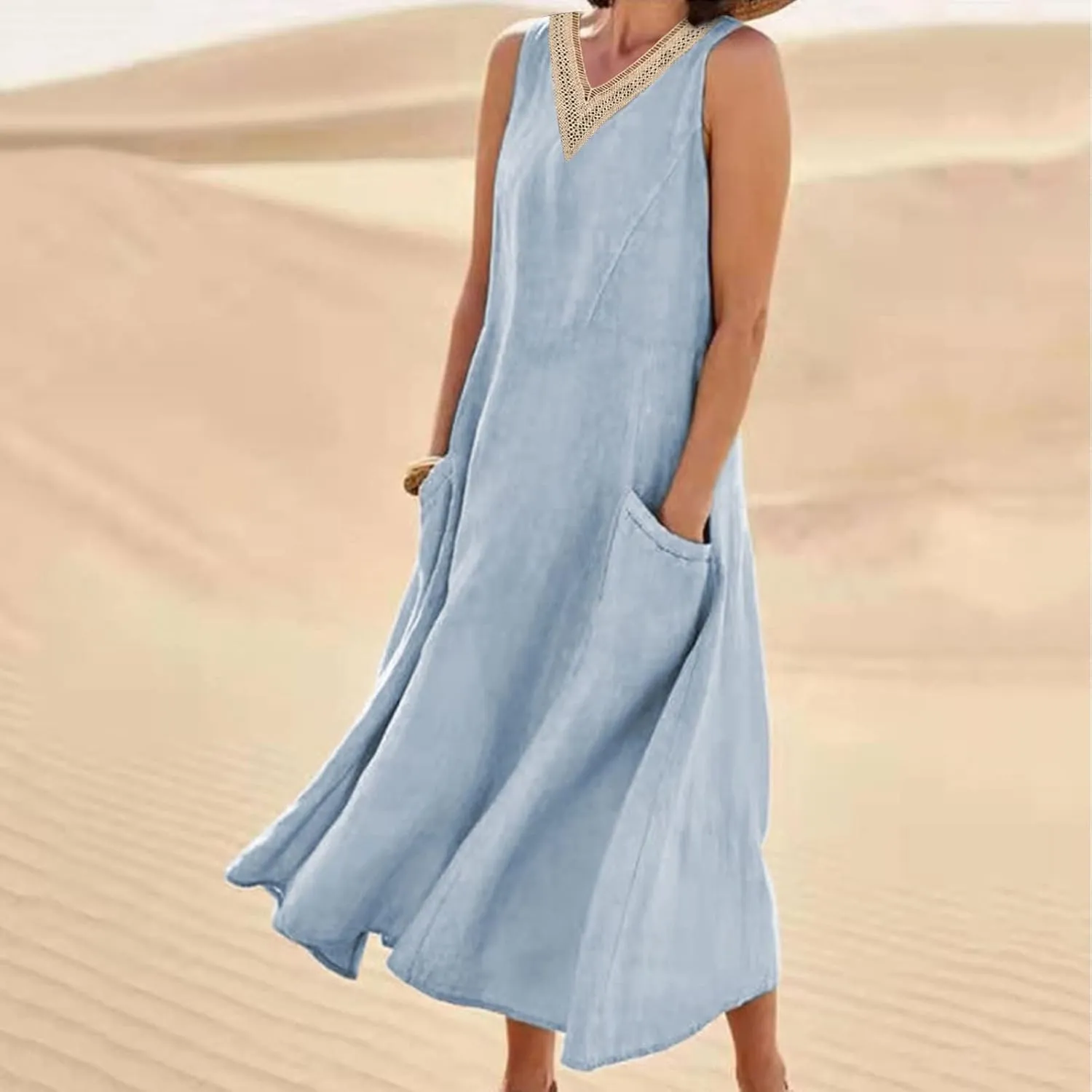 Cotton Linen Dress Women Plus Size Lace V Neck Sleeveless Summer Casual Beach Vacation Sundress Boho Flowy Midi Dress