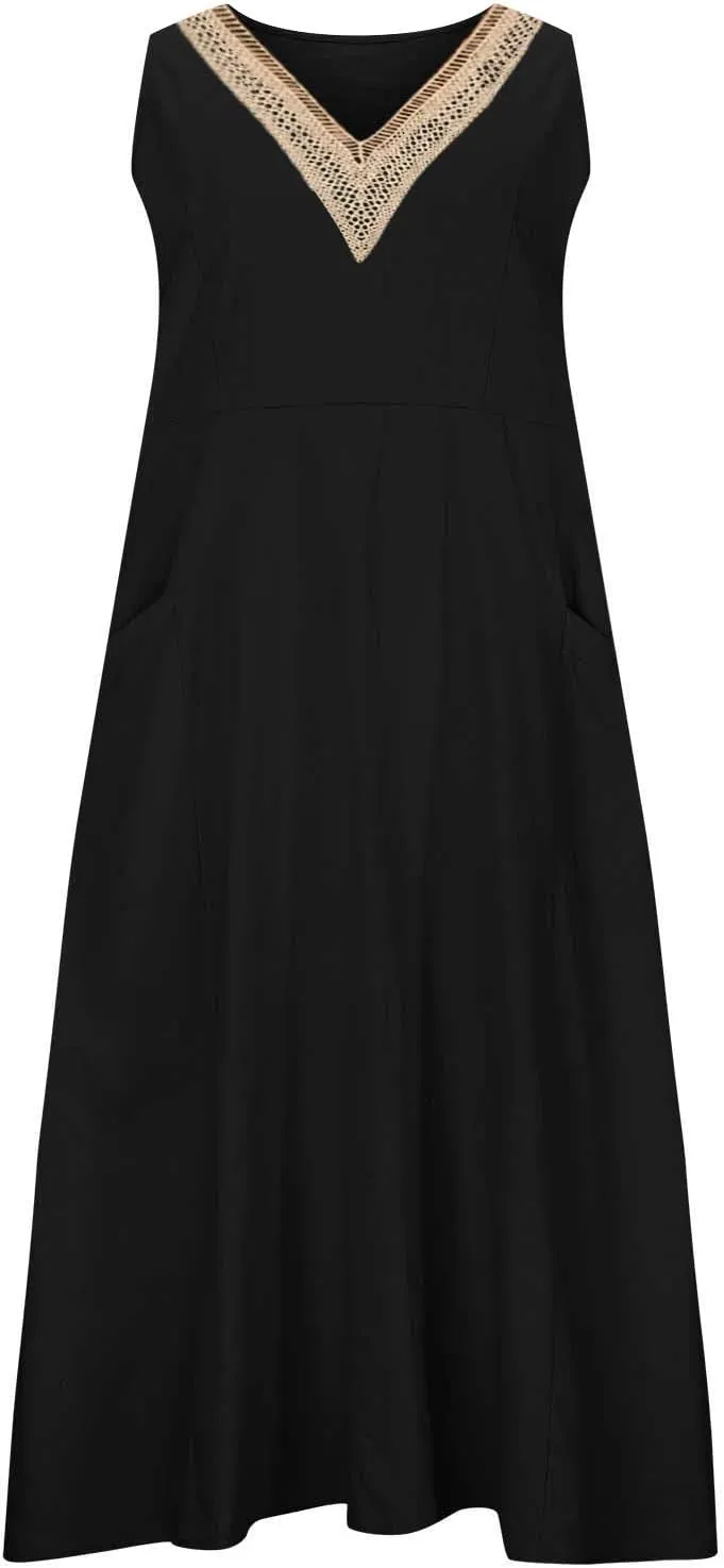Cotton Linen Dress Women Plus Size Lace V Neck Sleeveless Summer Casual Beach Vacation Sundress Boho Flowy Midi Dress