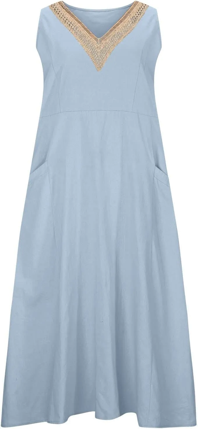 Cotton Linen Dress Women Plus Size Lace V Neck Sleeveless Summer Casual Beach Vacation Sundress Boho Flowy Midi Dress