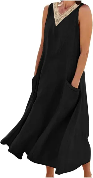 Cotton Linen Dress Women Plus Size Lace V Neck Sleeveless Summer Casual Beach Vacation Sundress Boho Flowy Midi Dress
