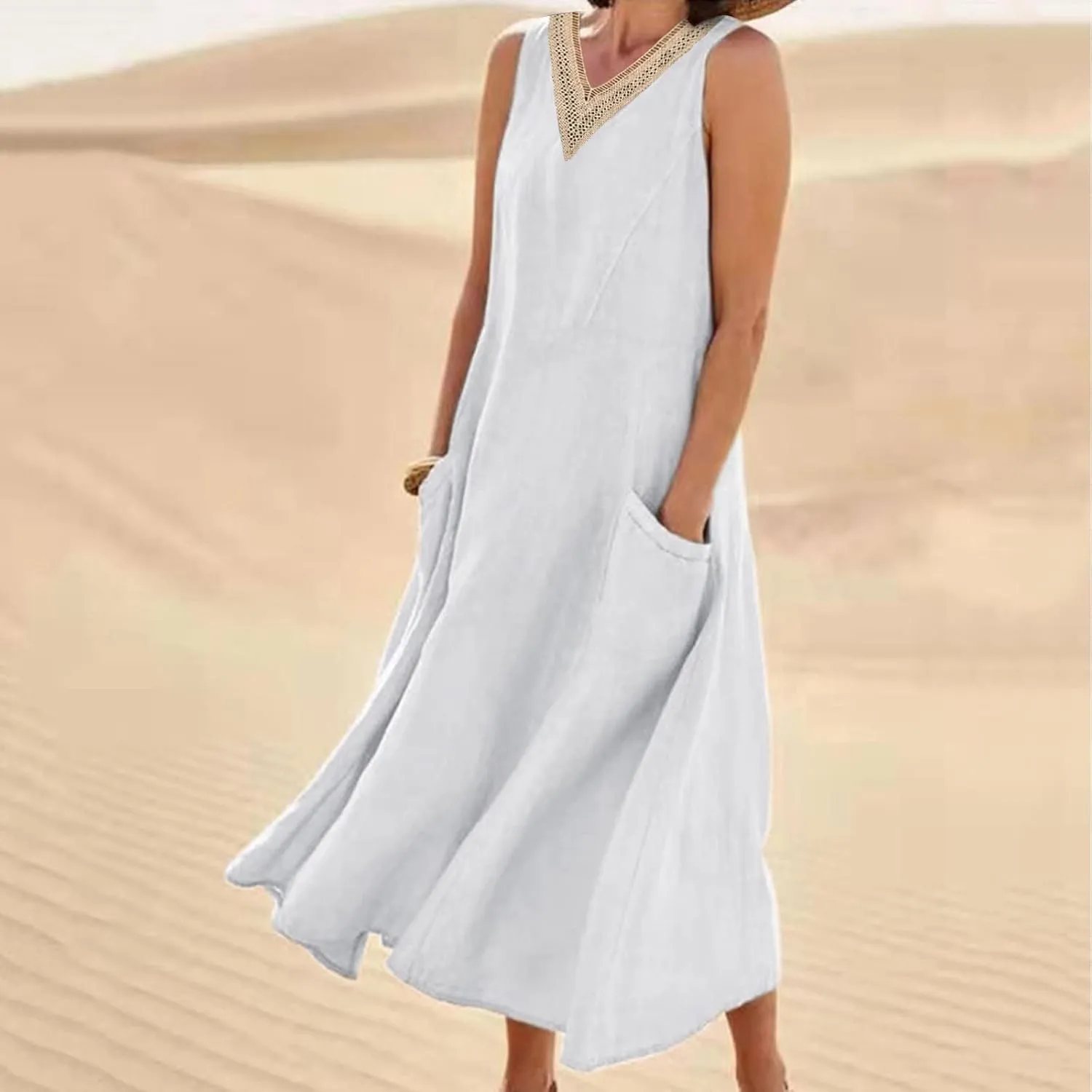 Cotton Linen Dress Women Plus Size Lace V Neck Sleeveless Summer Casual Beach Vacation Sundress Boho Flowy Midi Dress