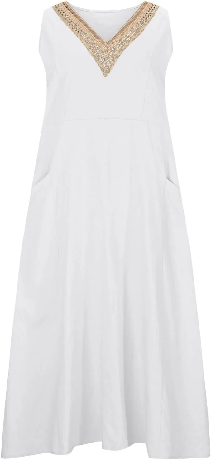 Cotton Linen Dress Women Plus Size Lace V Neck Sleeveless Summer Casual Beach Vacation Sundress Boho Flowy Midi Dress