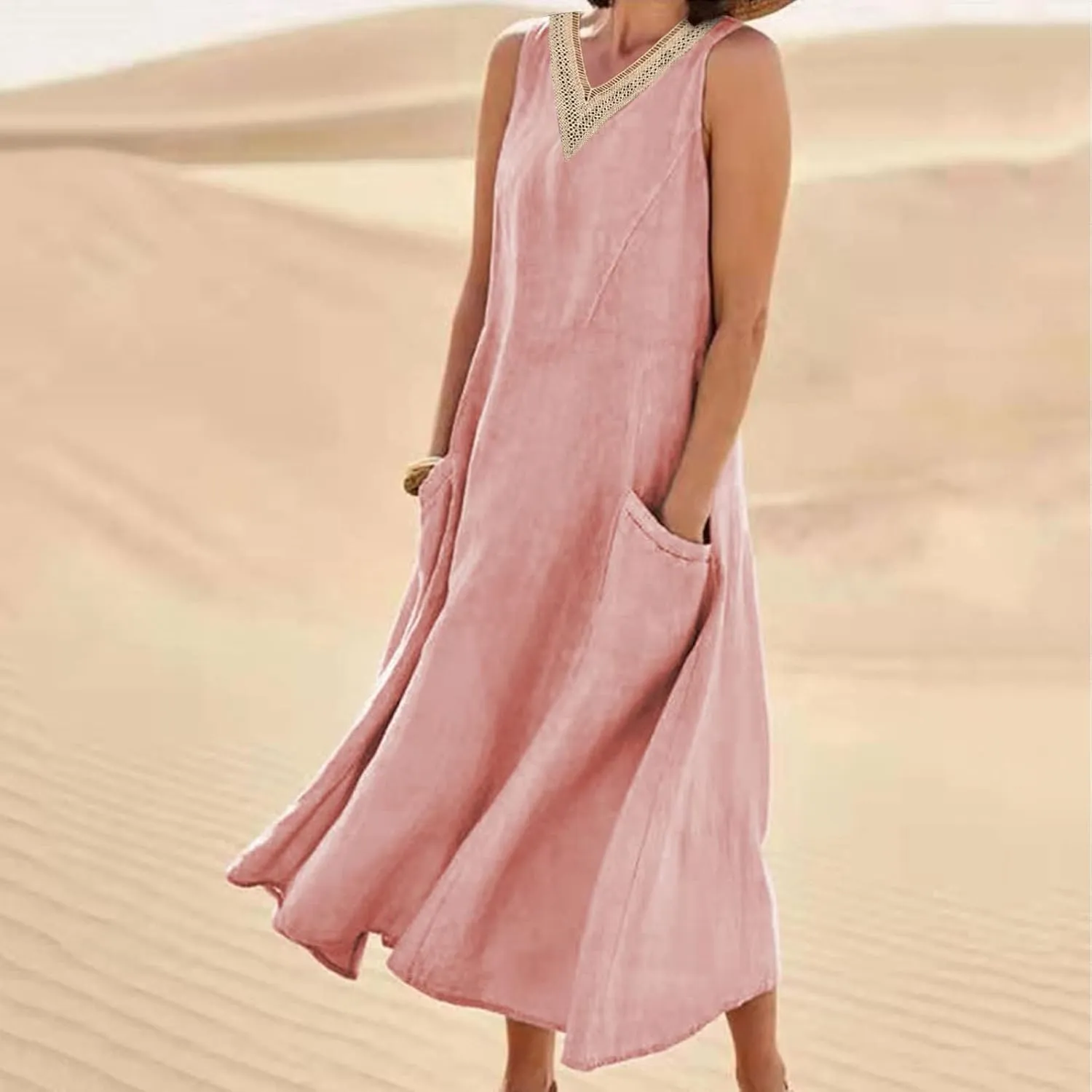 Cotton Linen Dress Women Plus Size Lace V Neck Sleeveless Summer Casual Beach Vacation Sundress Boho Flowy Midi Dress